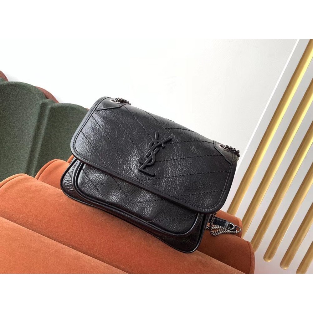 Saint Laurent Baby Niki Chain Bag In Black Crinkled Leather IAMBS242539 Outlet Sales